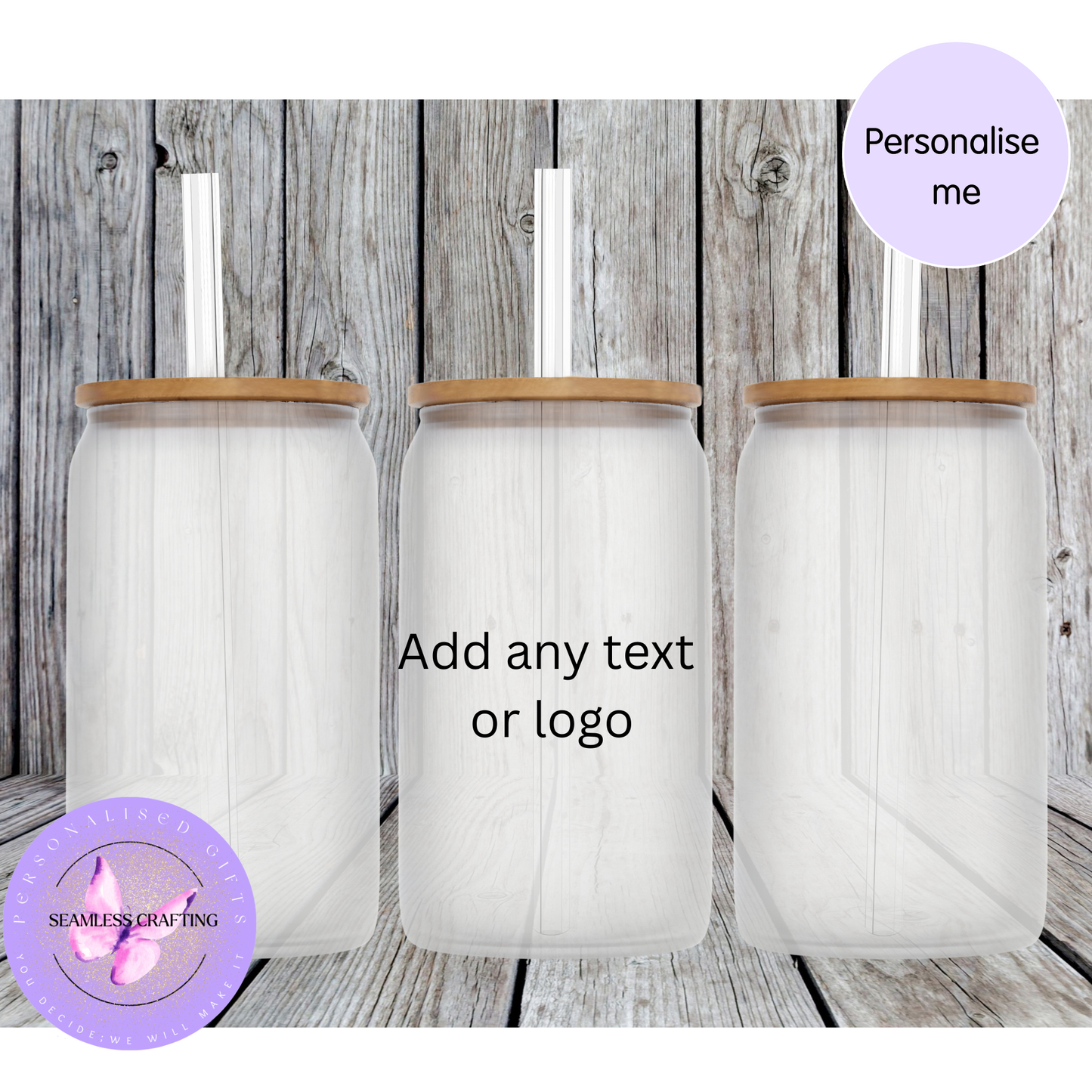 Personalised Frosted Glass Can with Bamboo Lid & Glass Straw | Custom 16oz Cup for Names, Logos or Text