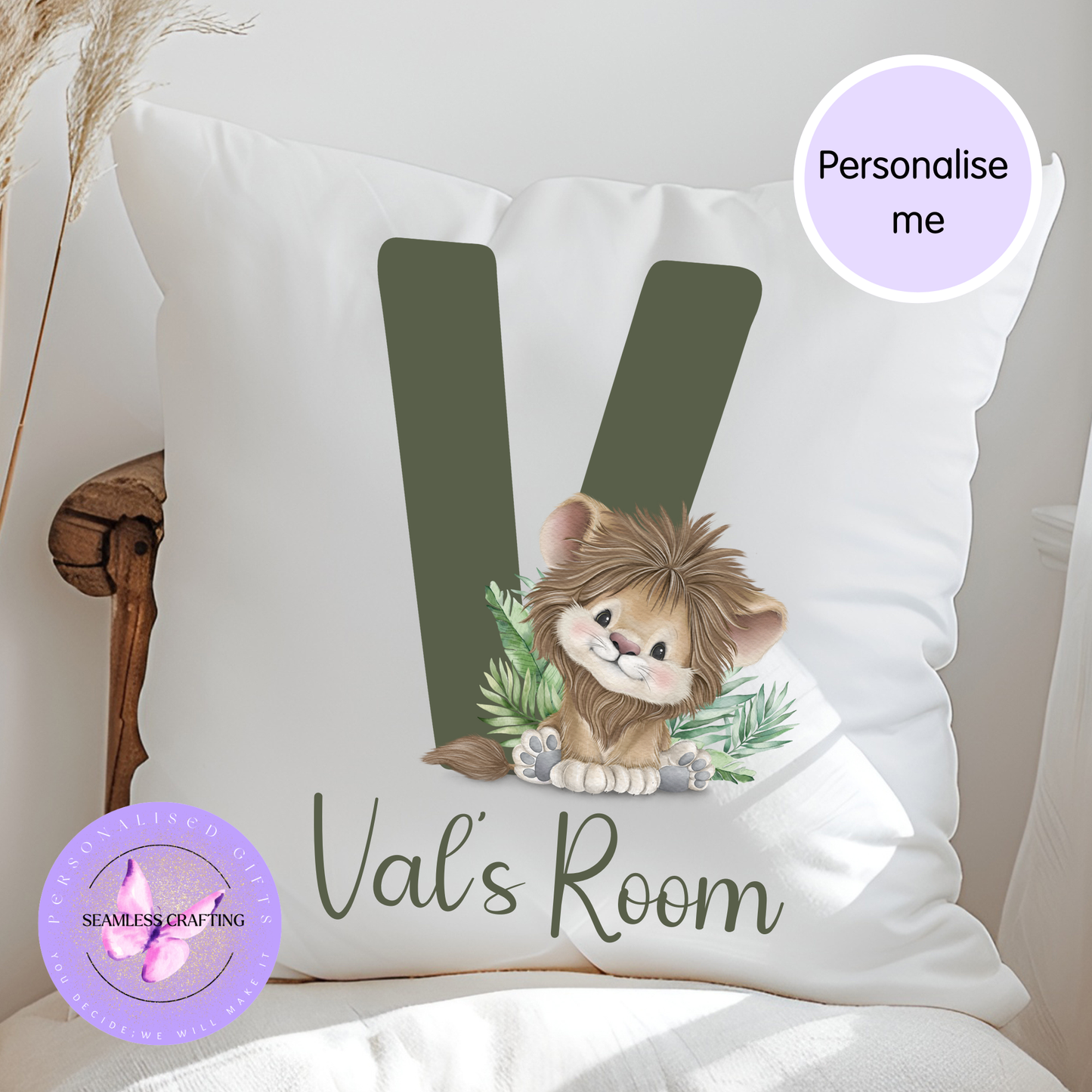Personalised Alphabet Animal Cushion | Custom Name Initial Cushion | Nursery & Kids Bedroom Decor | 40x40cm Soft Velvet Cushion