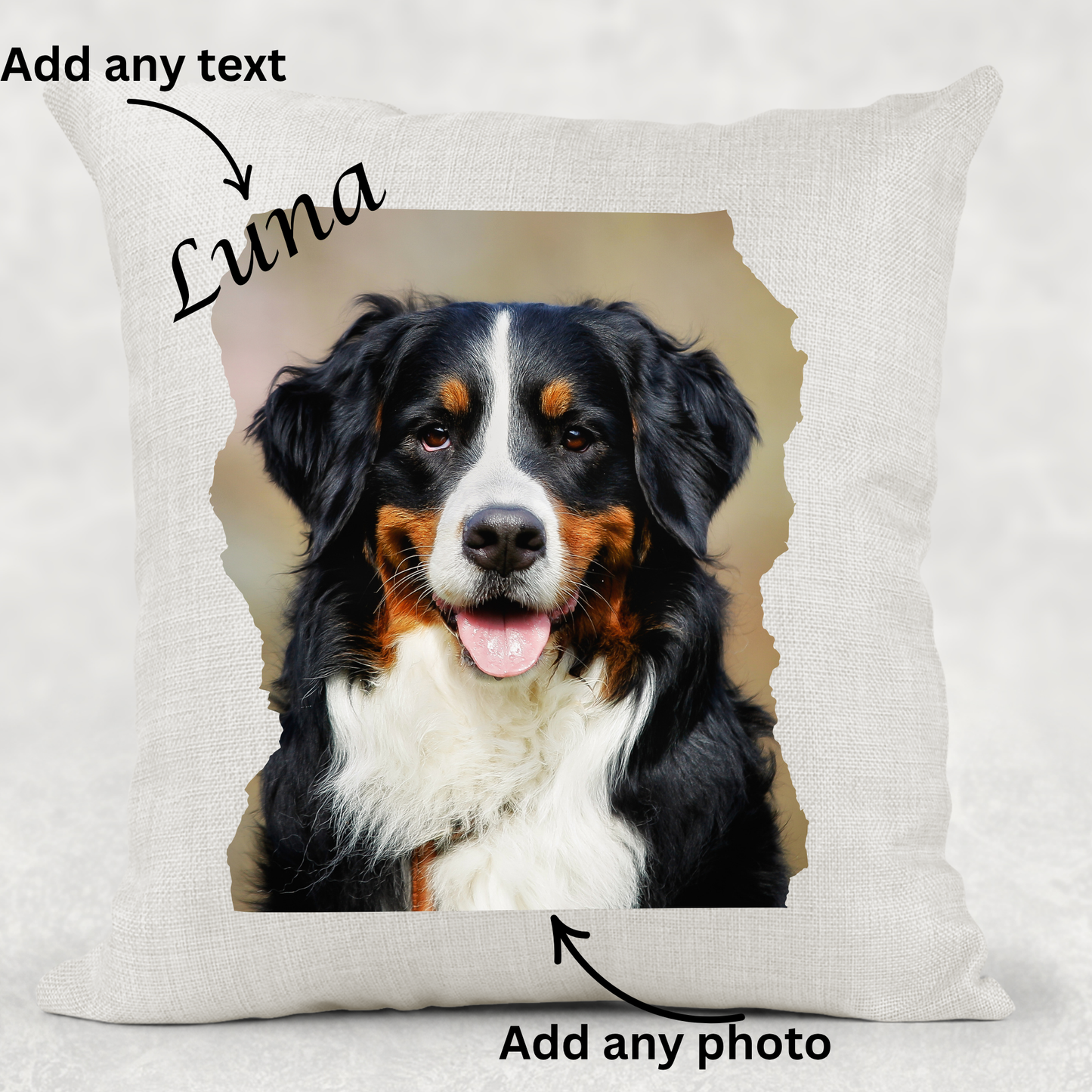 Features graphic for personalised pet cushion showing custom text, pet photo print and made to order details