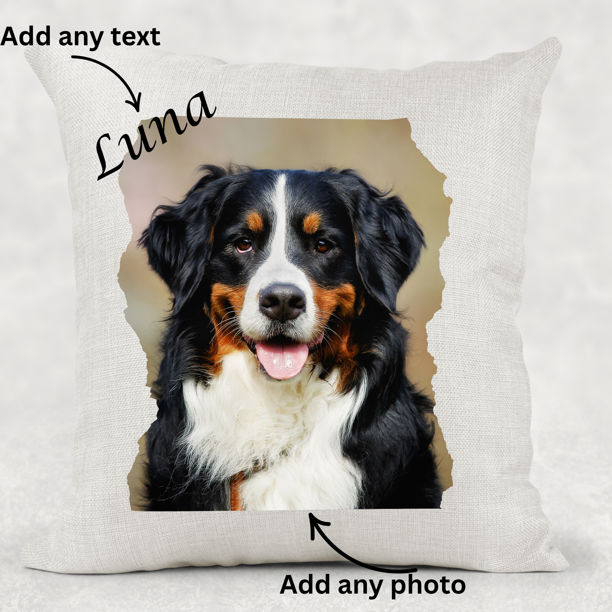 Features graphic for personalised pet cushion showing custom text, pet photo print and made to order details