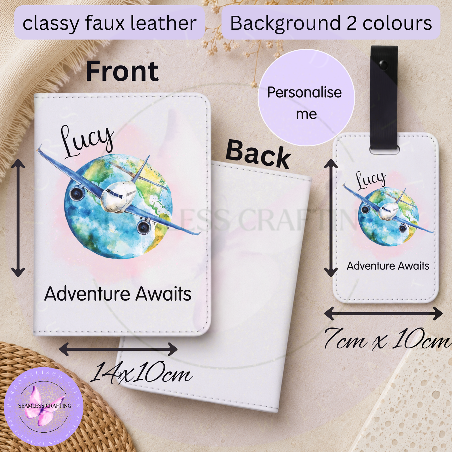 Personalised passport holder and matching luggage tag with aeroplane globe Adventure Awaits design