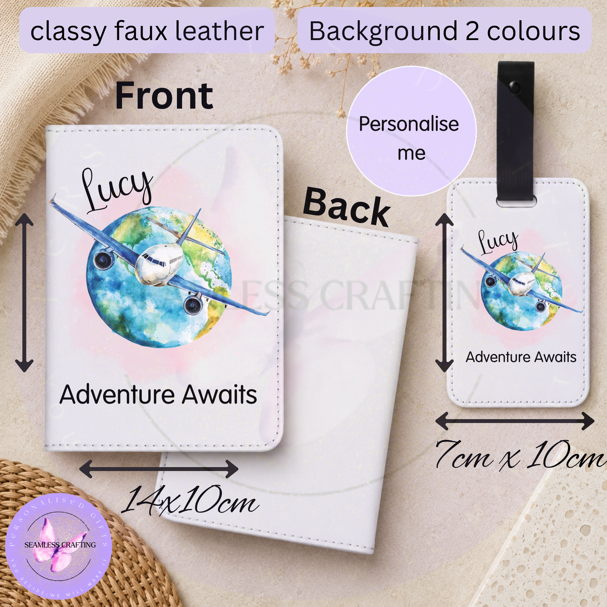 Personalised passport holder and matching luggage tag with aeroplane globe Adventure Awaits design