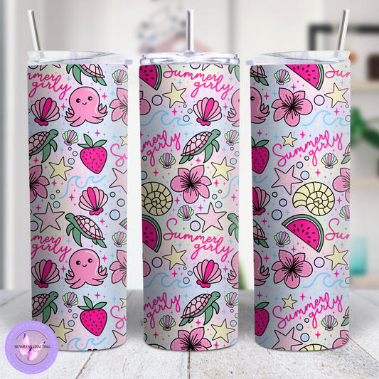 Personalised 20oz & 16oz Stainless Steel Tumbler – Summery Girly Pastel Beach Design