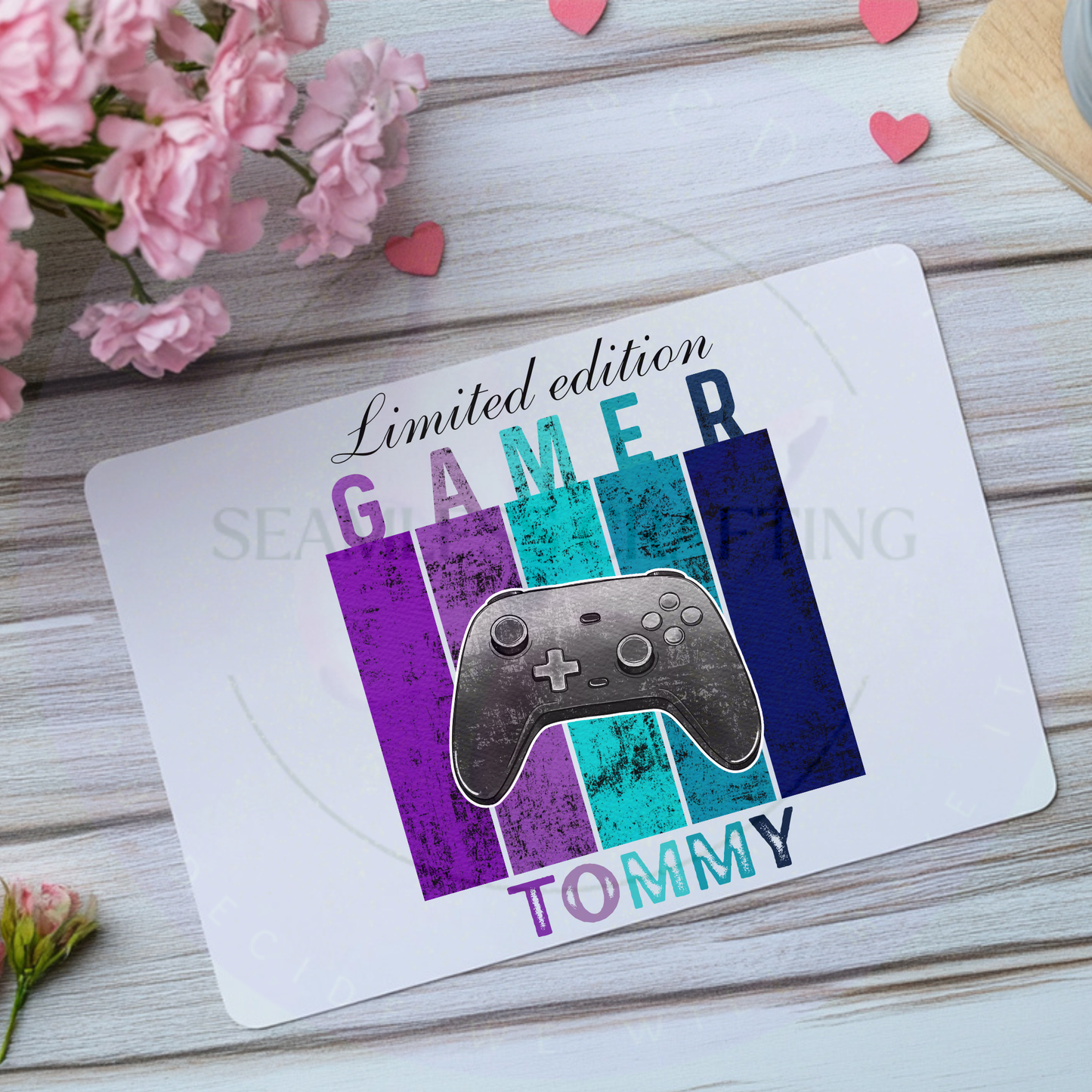 Personalised gaming mouse mat with Limited Edition Gamer controller design and custom name Tommy