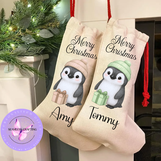 Personalised Christmas Stocking with Penguin Design – Custom Name Linen Canvas Sack – Green or Gold Penguin Xmas Gift Bag – Cute Holiday Fireplace Decoration