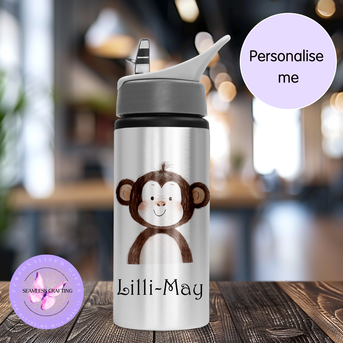 Children's water bottle with monkey design and 'Lilli-May' text to personalise