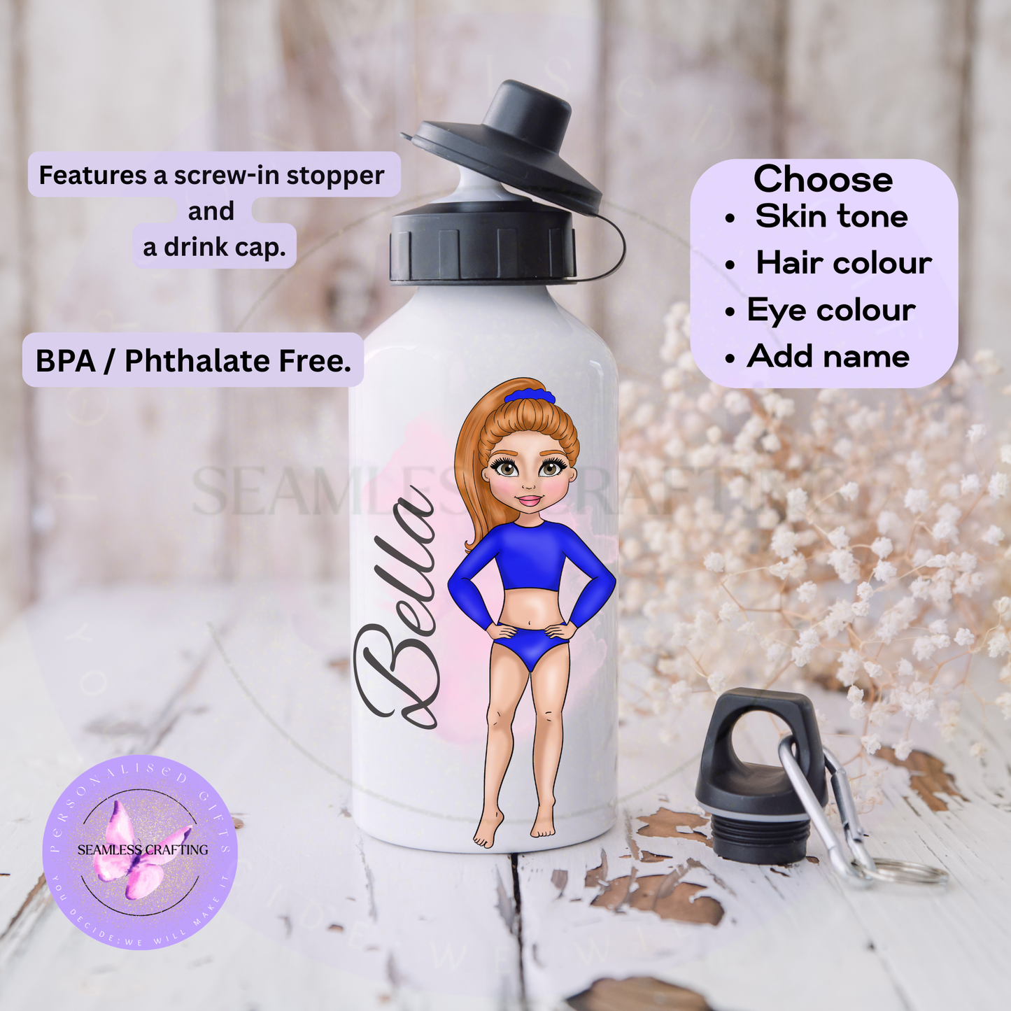Personalised acro dance bottle with Bella and a dancer wearing a royal blue crop top and matching bottoms