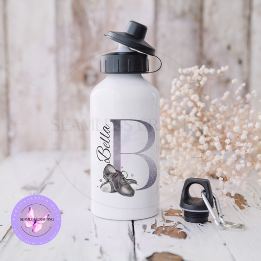 Personalised tap dance water bottle with name Bella and letter B tap shoes design