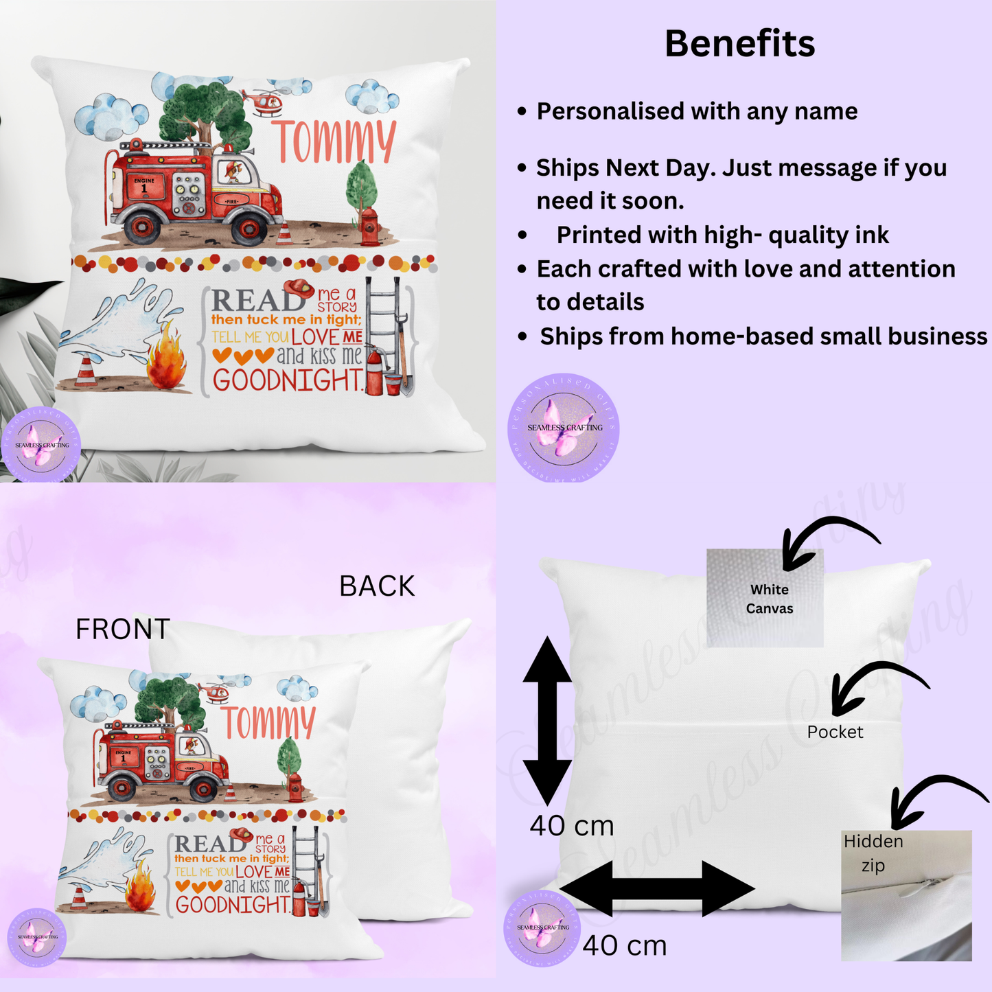 Personalised Fire Engine Reading Cushion – Custom Name Firefighter Book Pillow with Pocket | Boys Fire Truck Bedroom Gift (40cm)