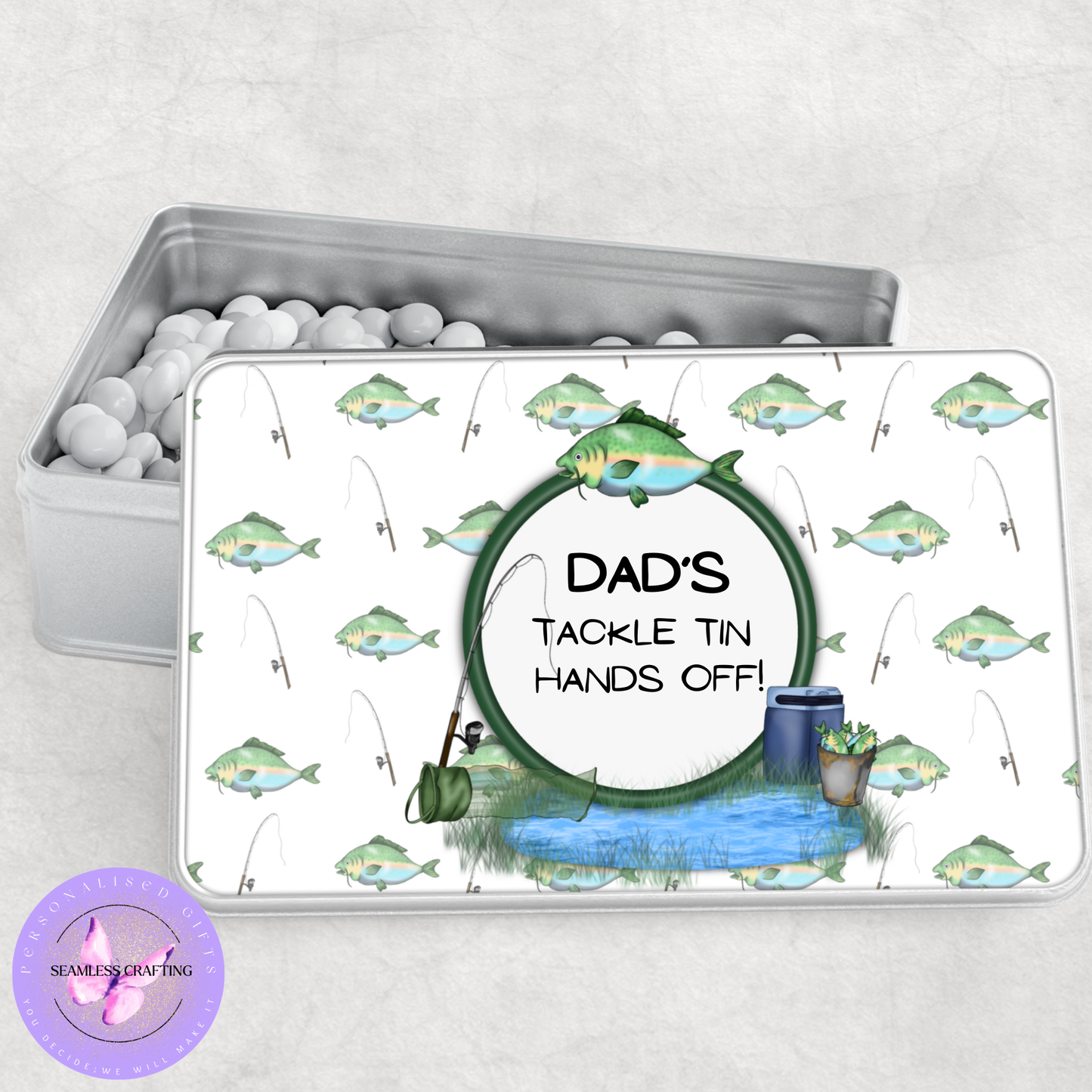 Personalised Fishing Tackle Tin – Custom Fisherman Gift for Dad, Grandad or Son | Fisherman Storage Box | Fishing Accessories Tin