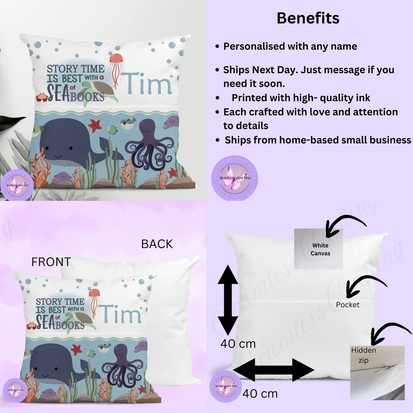 Personalised Under the Sea Reading Cushion – Ocean Animals Book Pocket Pillow | Custom Name Kids Gift (40cm)