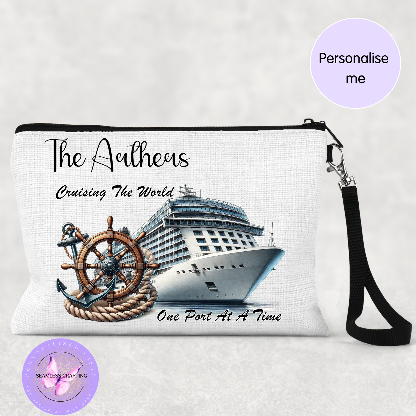 Close-up of linen fabric texture on personalised cruise passport pouch