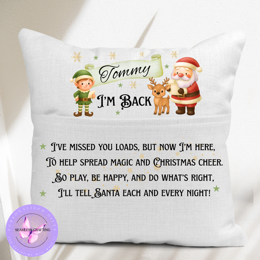 Personalised “I’m Back” Christmas Elf Cushion – Custom Name Kids Cushion | Santa & Elf Return Pillow | Linen Canvas Cushion Cover 40x40cm