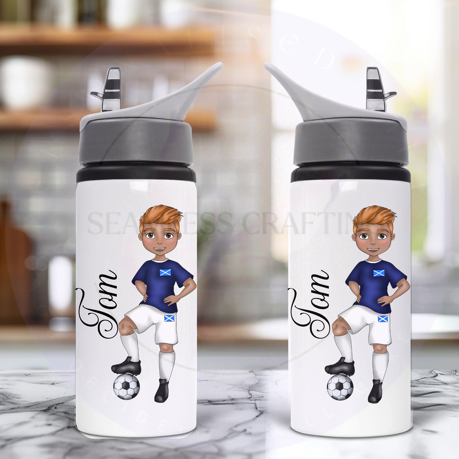 White personalised Scotland football boy bottle with custom name Liam and flip top straw lid straw