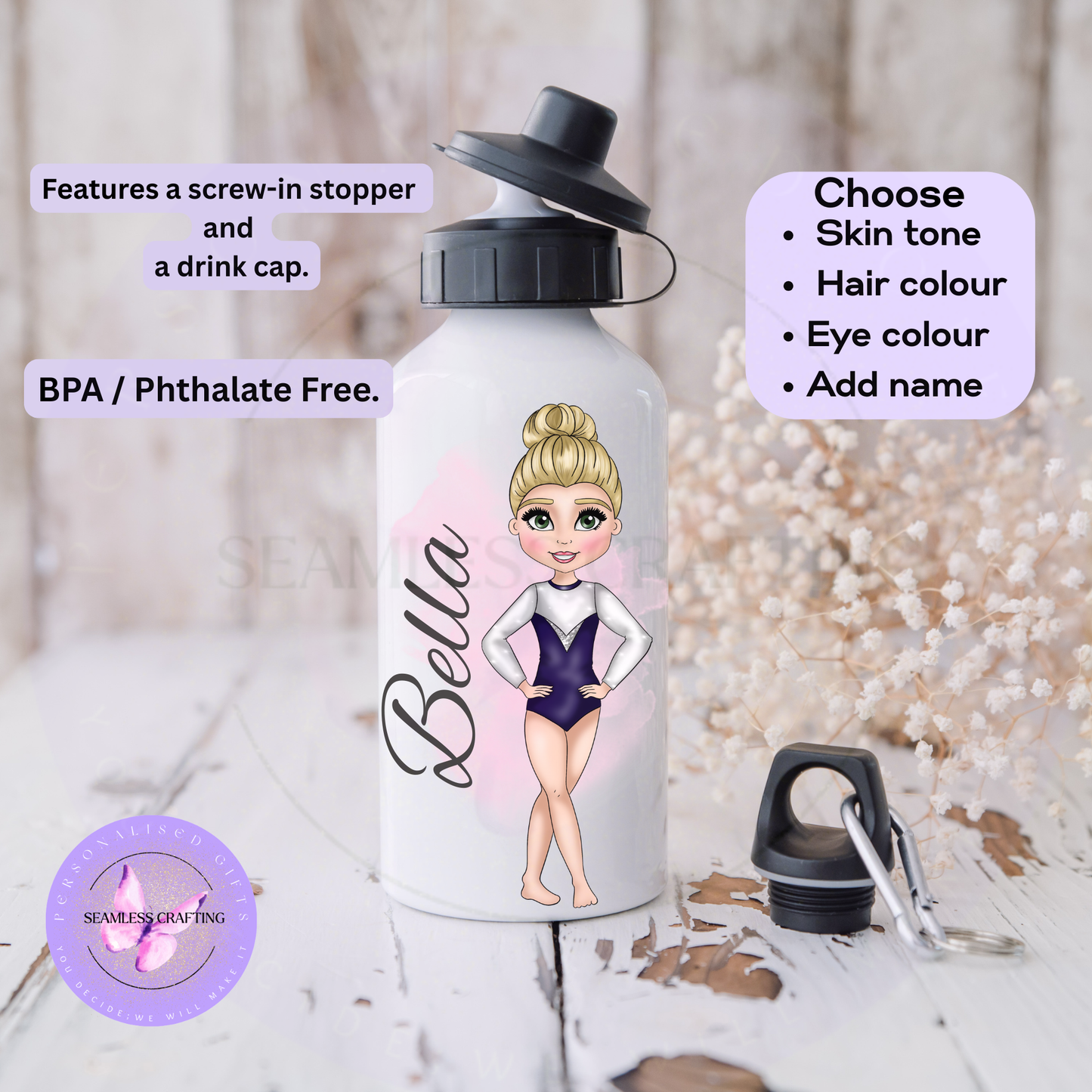 Personalised Gymnastics Bottle – Purple, Blue Silver Leotard