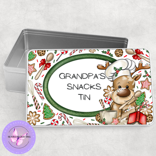 Personalised Christmas Snack Tin – Custom Reindeer Treats & Cookie Storage Box