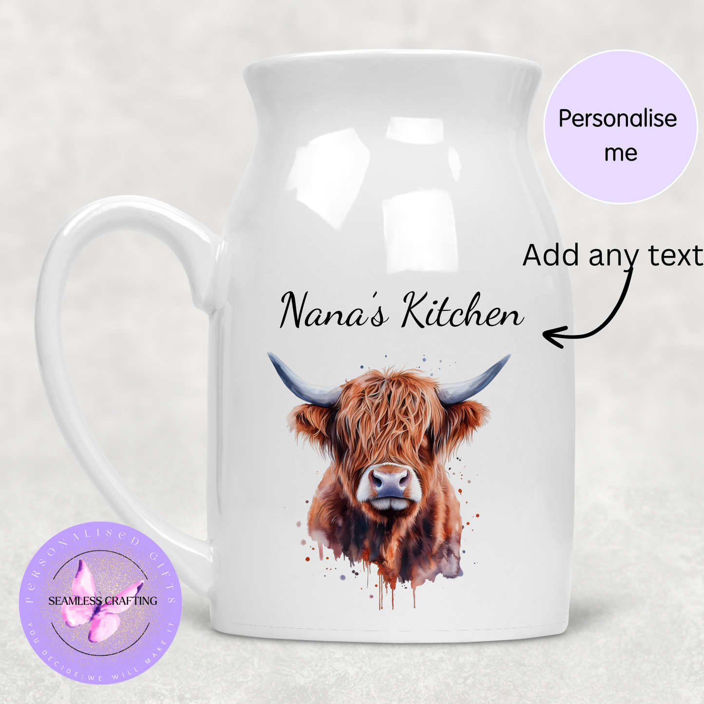 Personalised Highland Cow ceramic jug with Nana’s Kitchen text, custom farmhouse milk pitcher gift for mum UK