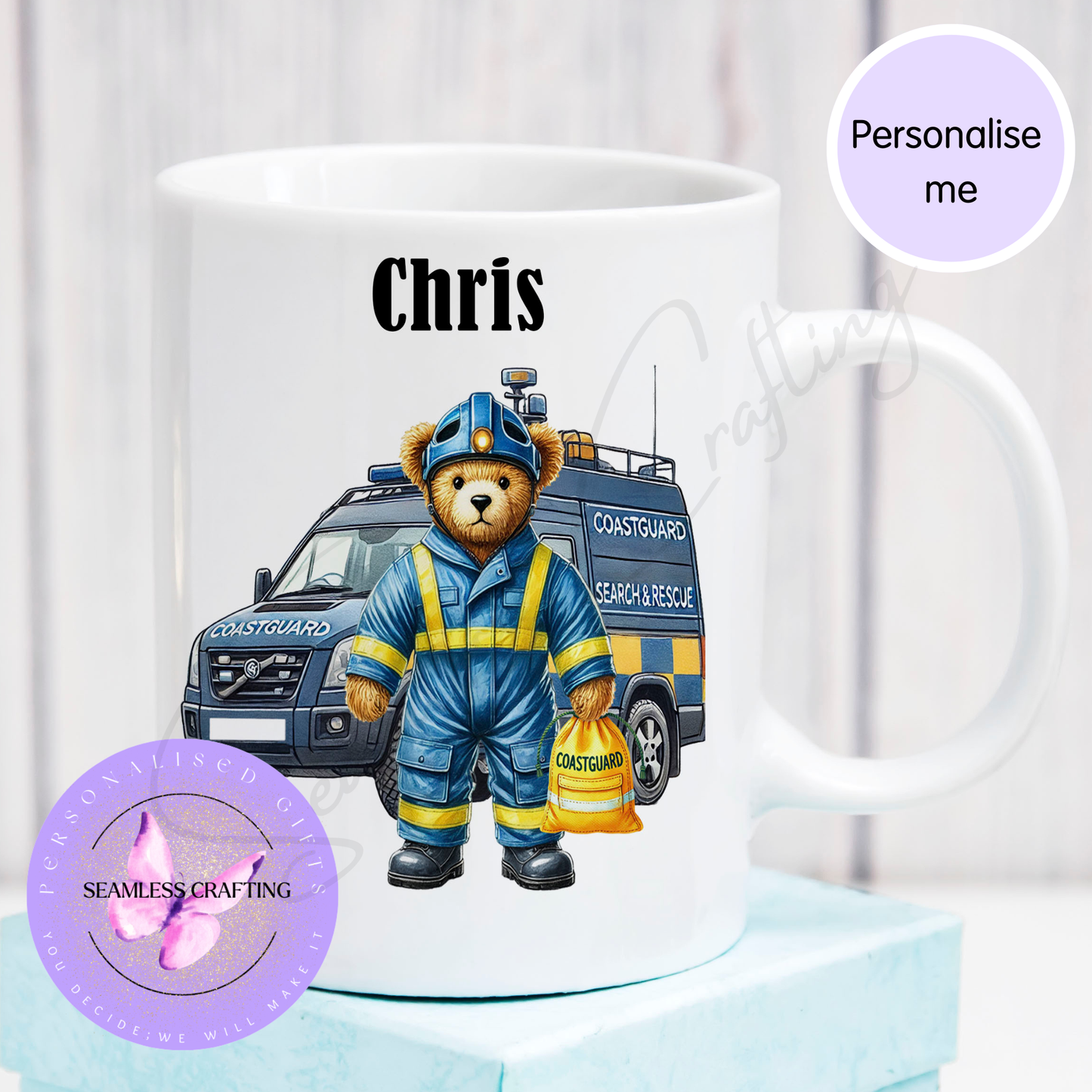 Personalised Coastguard Bear Mug or Travel Mug – Custom Name Search and Rescue Gift