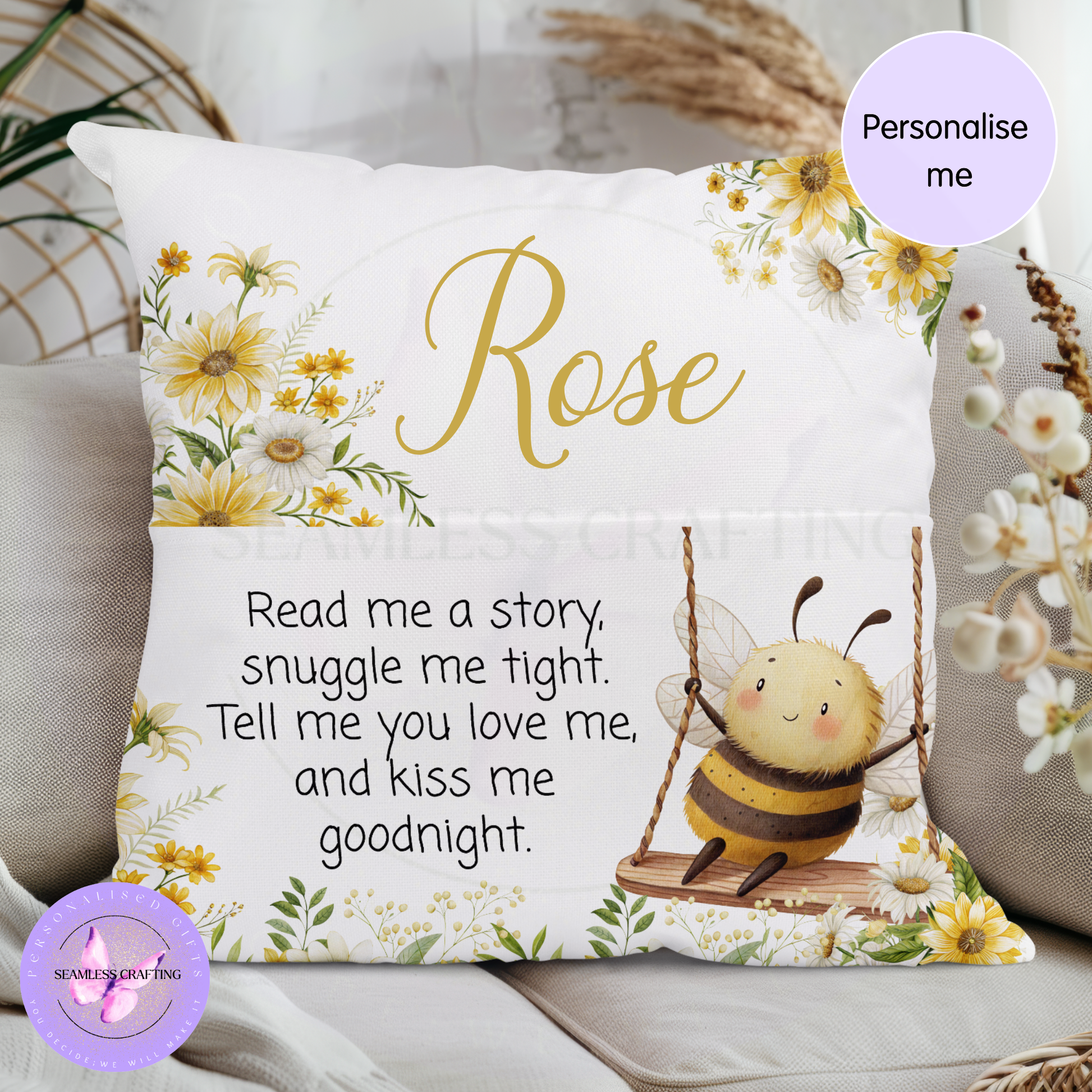 Bee and floral bedtime story pocket pillow for kids, white cushion with personalised name
