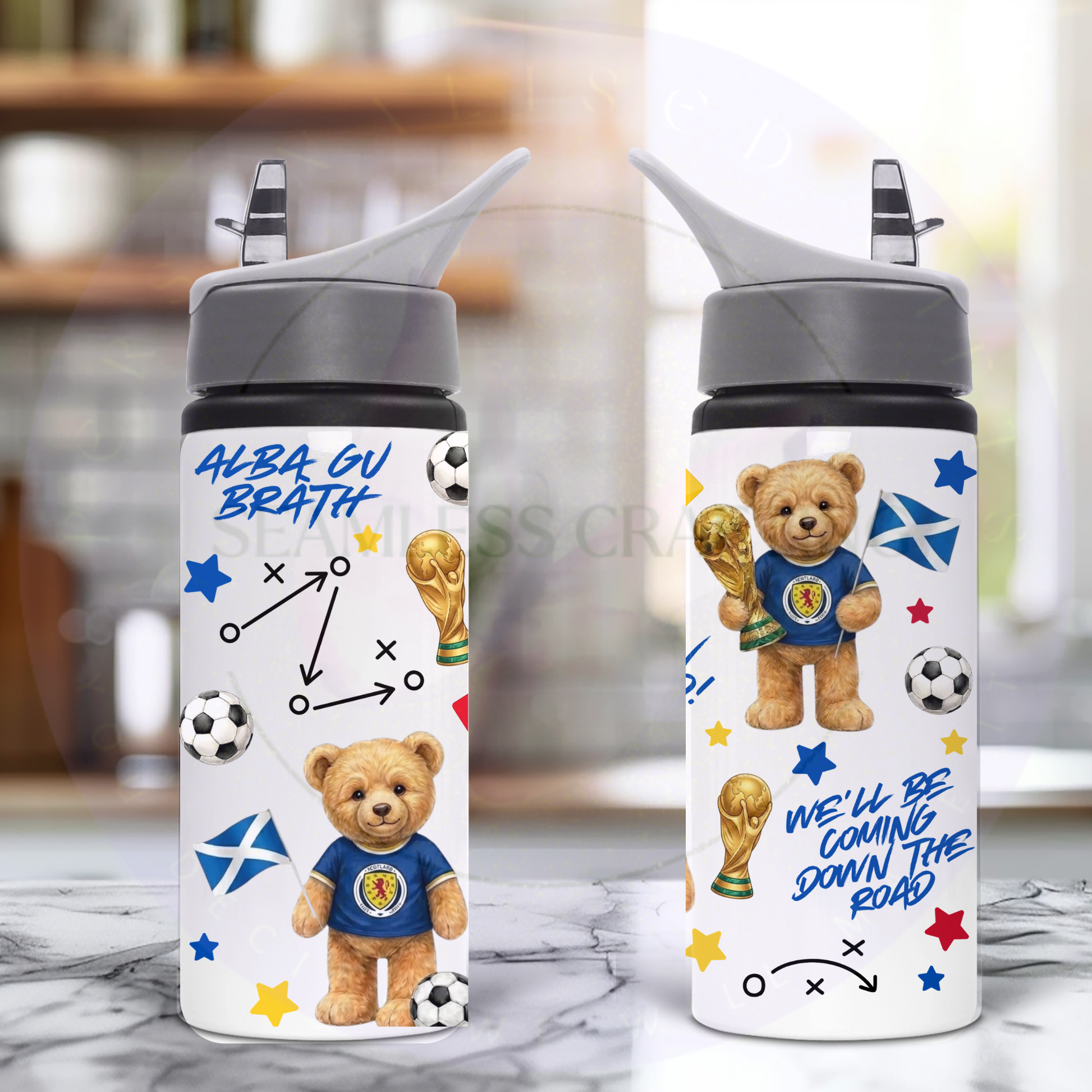 Personalised Scotland kids water bottle with teddy bear football design and Alba gu brath text