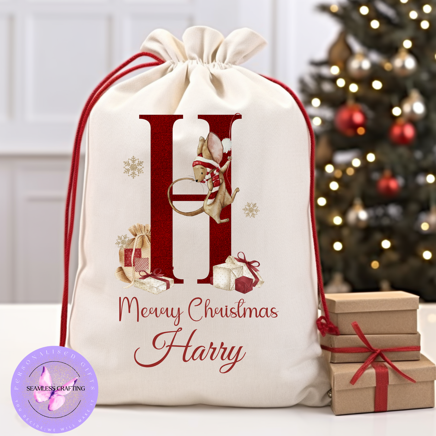 Personalised Christmas Sack & Enamel Mug Set | Custom Name Santa Gift Bag | Initial Mouse Design | Kids Xmas Eve Bag | 2 Sizes | 4 Colours