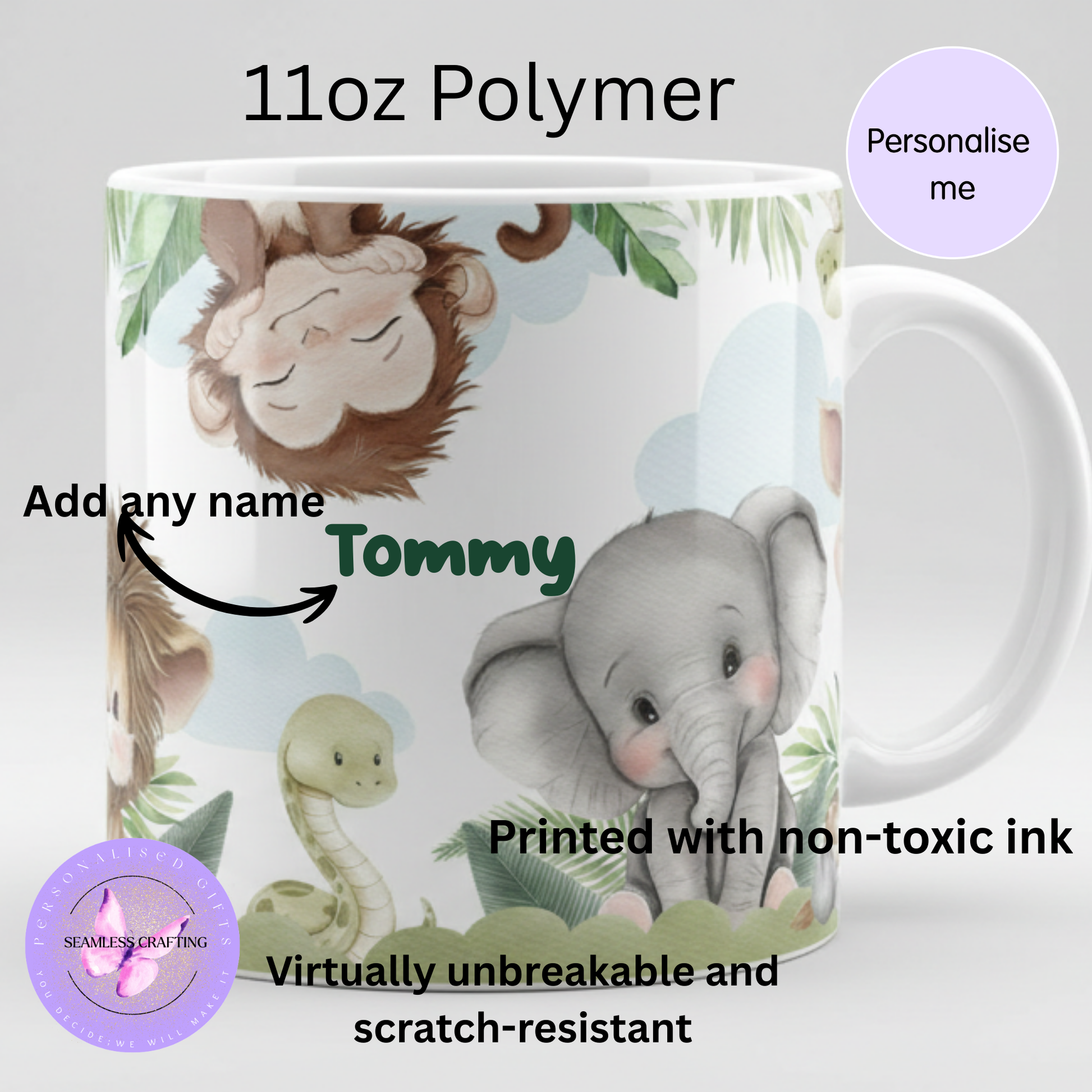 Personalised children’s polymer mug showing unbreakable design and non-toxic ink printing