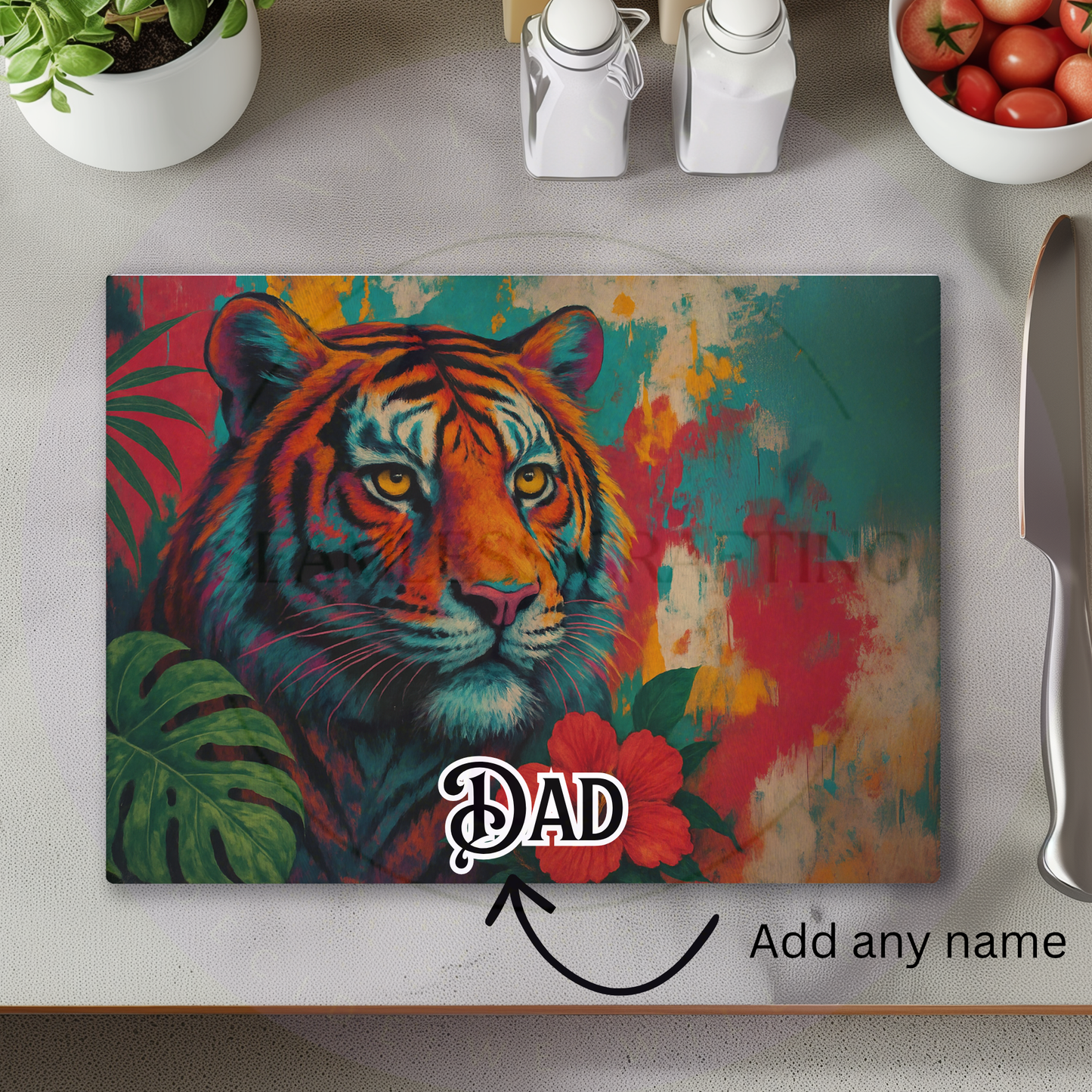 personalised glass chopping board tiger design custom name worktop saver