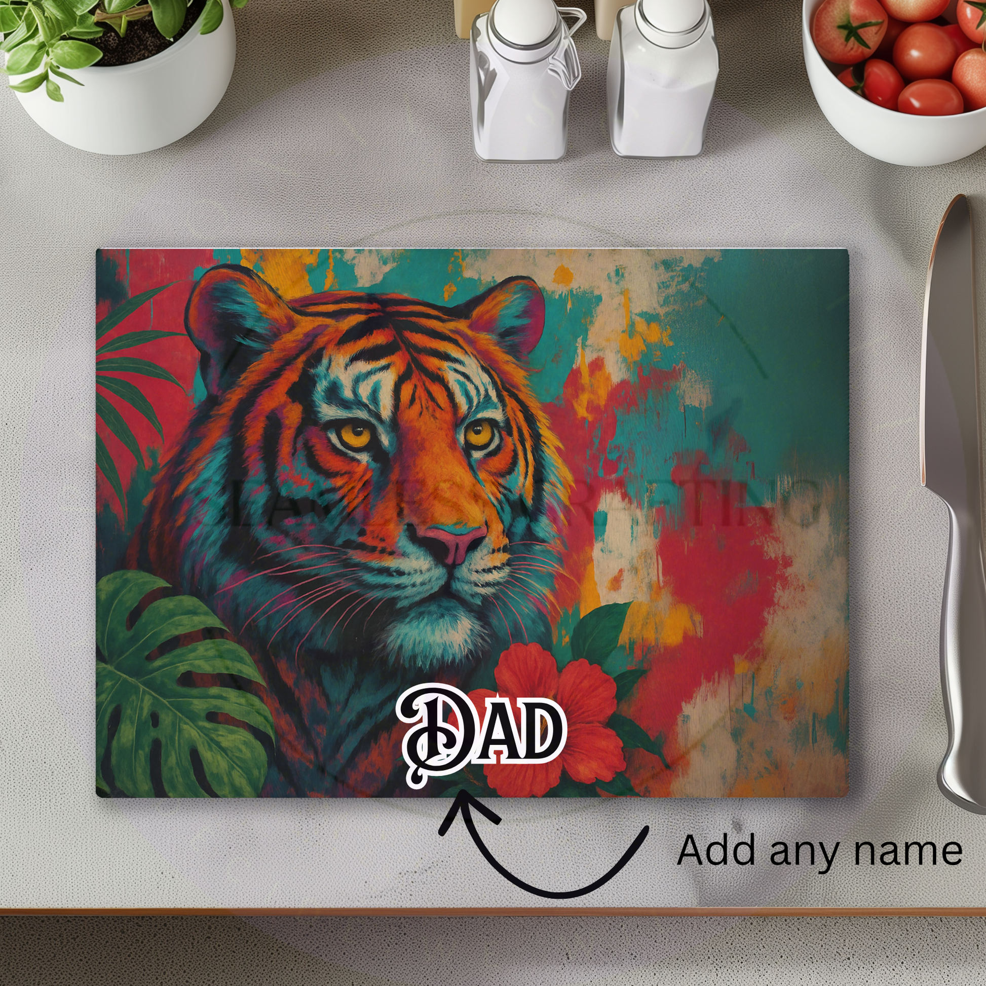 personalised glass chopping board tiger design custom name worktop saver