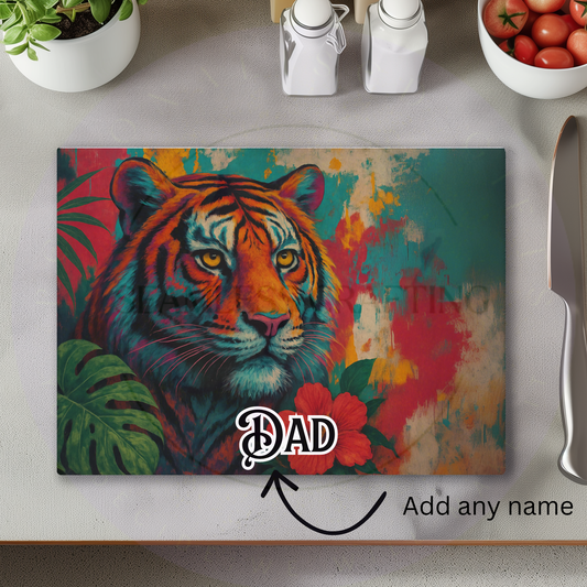 personalised glass chopping board tiger design custom name worktop saver