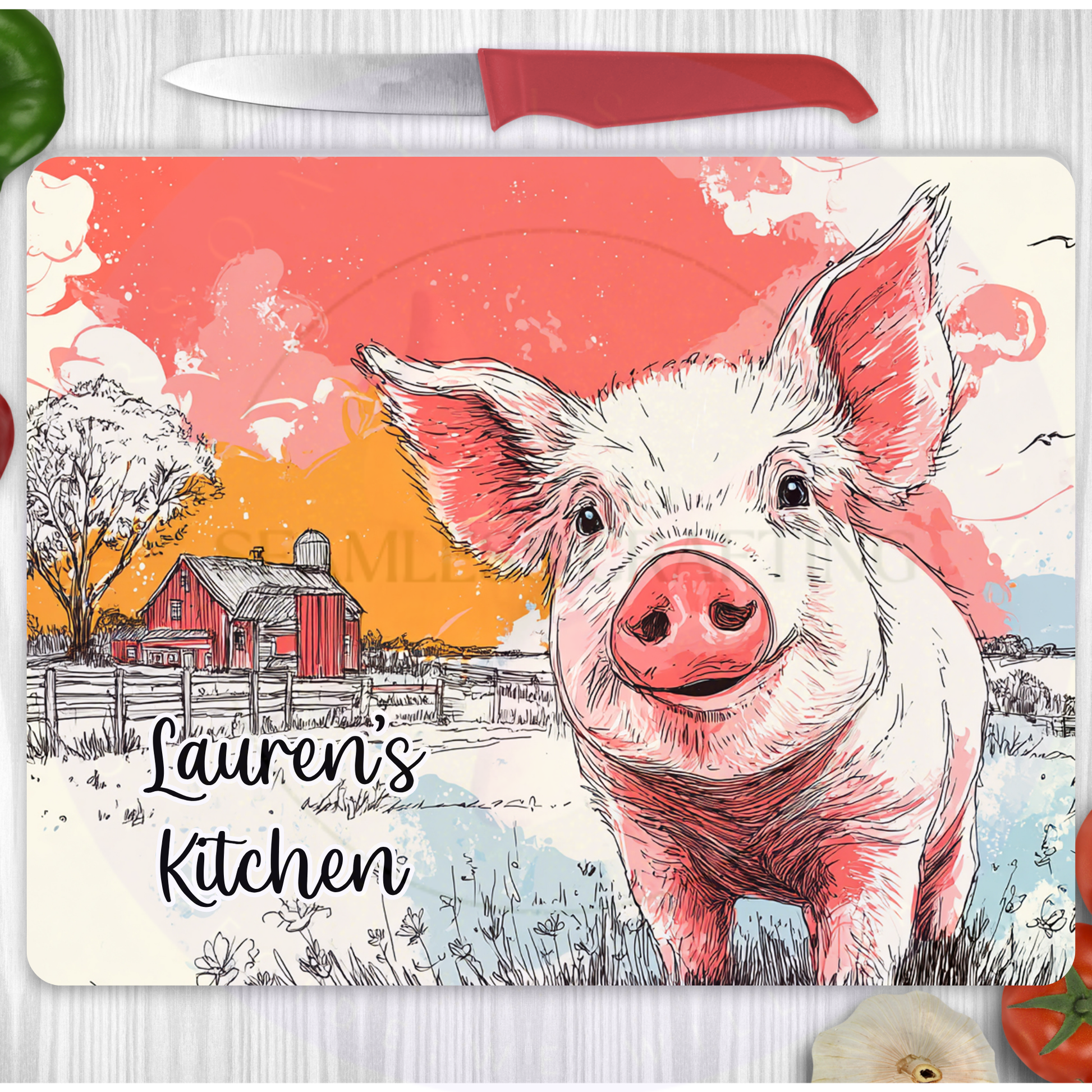 Farm animal pig glass chopping board personalised kitchen gift country farmhouse style
