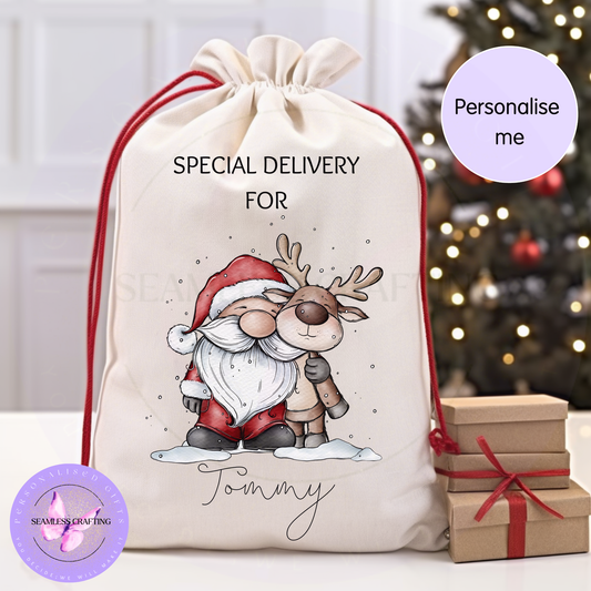 Personalised Christmas sack with Santa gnome and reindeer design, custom name