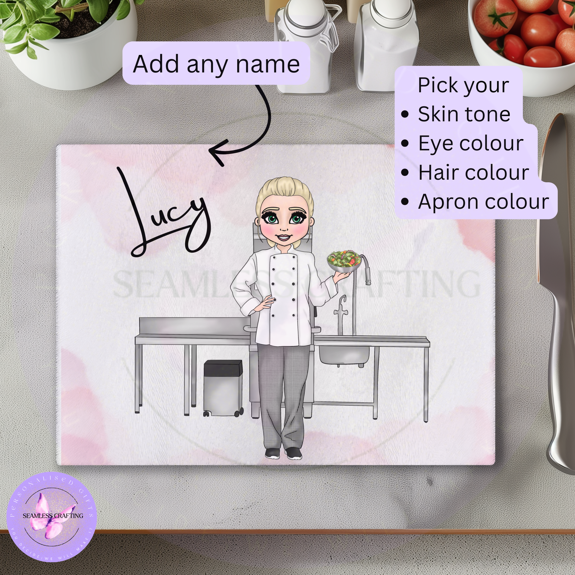 Personalised female chef glass chopping board with custom name and character choices