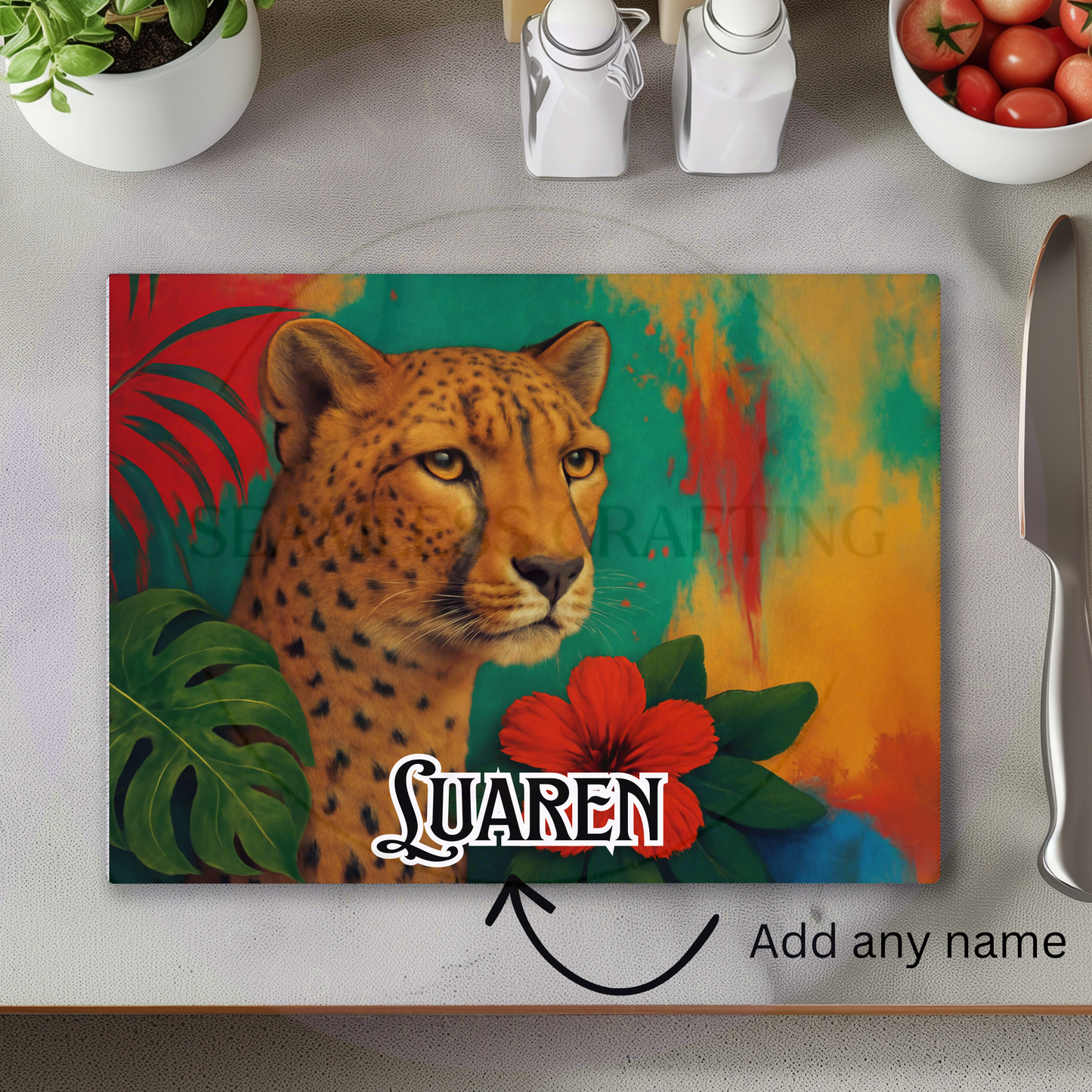 personalised cheetah glass chopping board custom name colourful kitchen worktop saver
