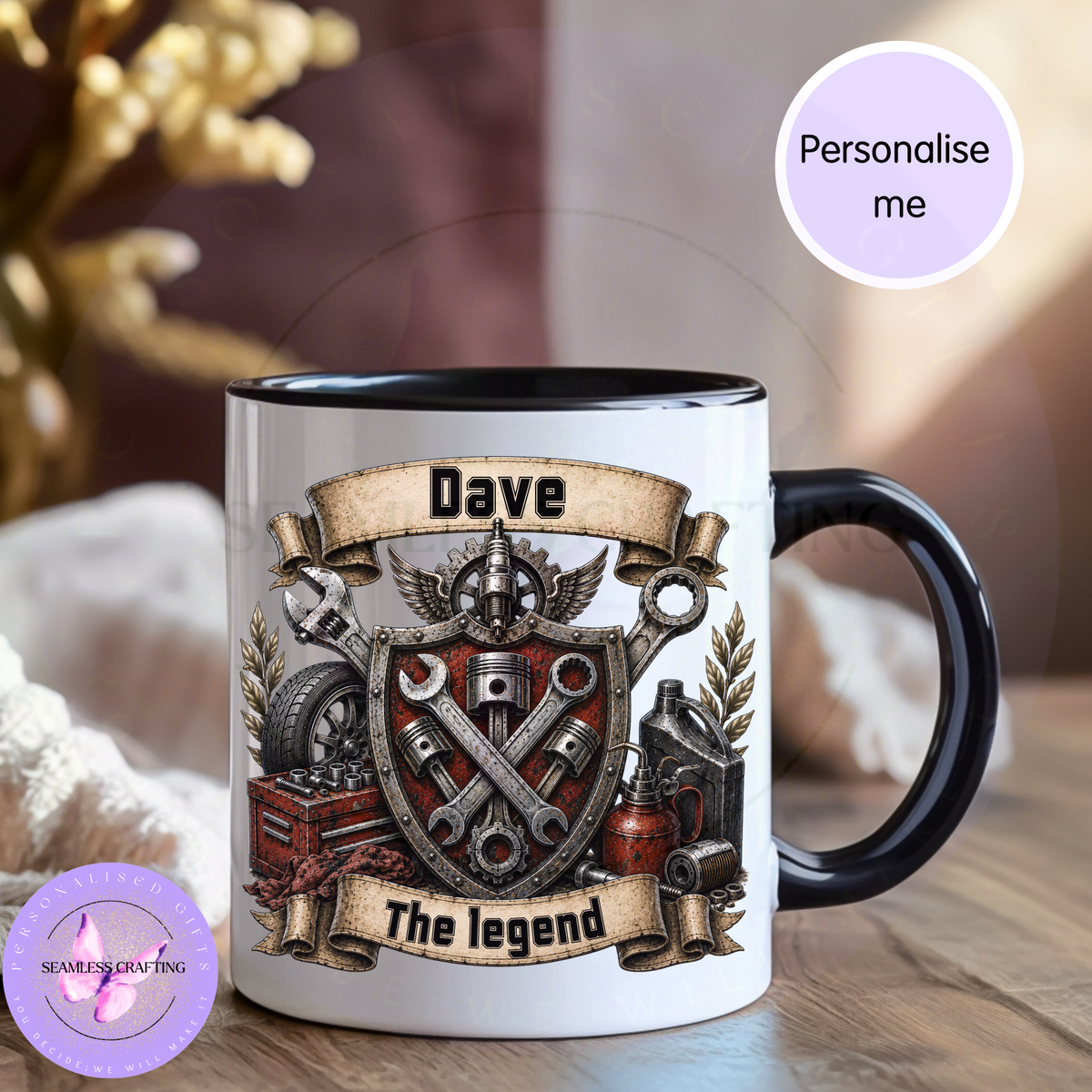 Close-up personalised Dave mechanic mug with black interior and detailed vintage workshop tool crest