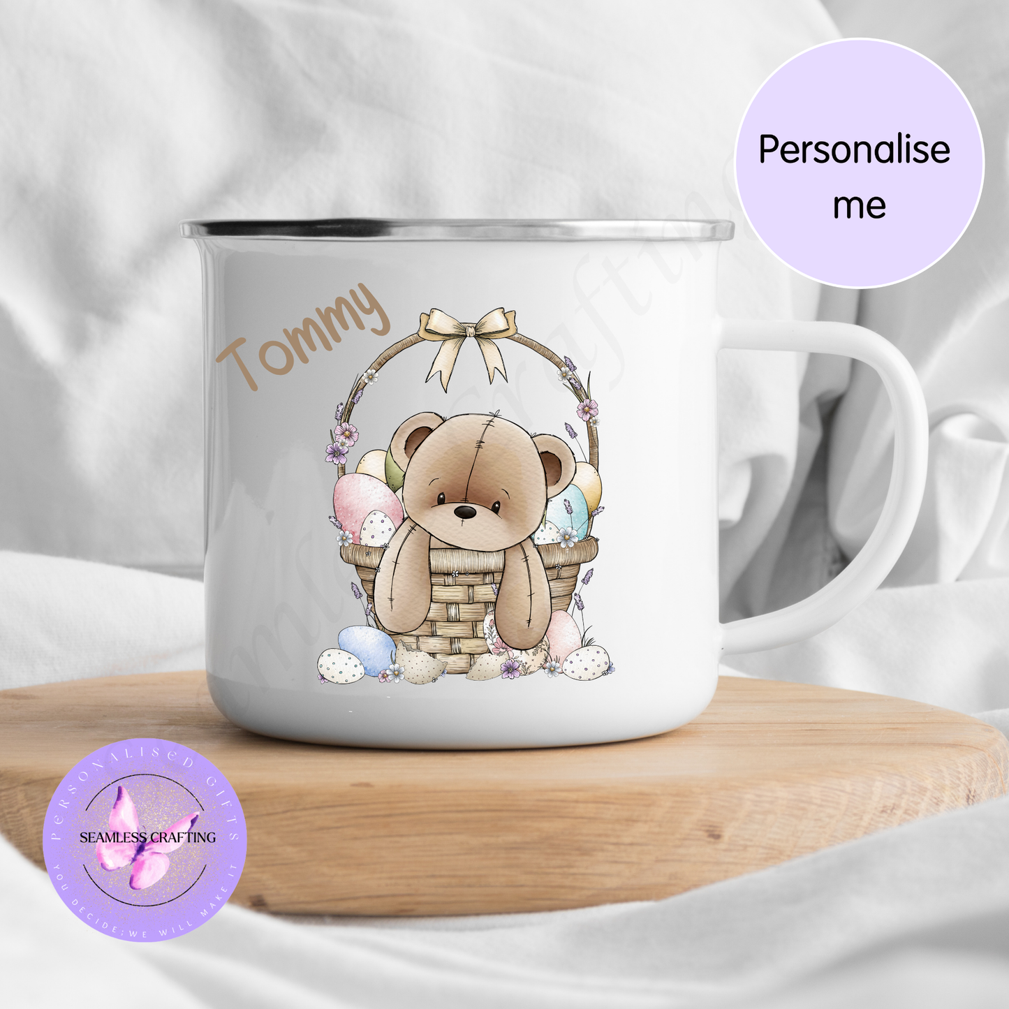 Personalised Teddy Bear Easter Mug – Custom Name Kids Mug, Ceramic or Enamel Cup, Easter Gift for Children, Bunny Egg Design