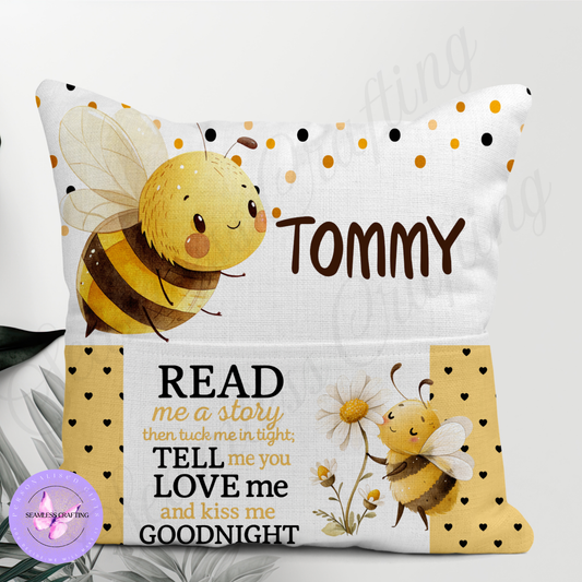 Personalised Bee Reading Cushion for Kids – Custom Name Linen Cushion with Pocket | Read Me a Story Pillow Gift for Boys & Girls | Bedtime Book Cushion