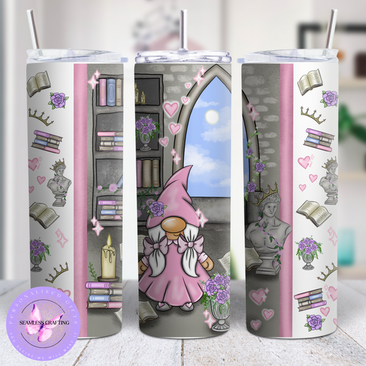 Custom Book Lover 20oz Tumbler – Pink Fantasy Gnome Design with Straw & Cleaner