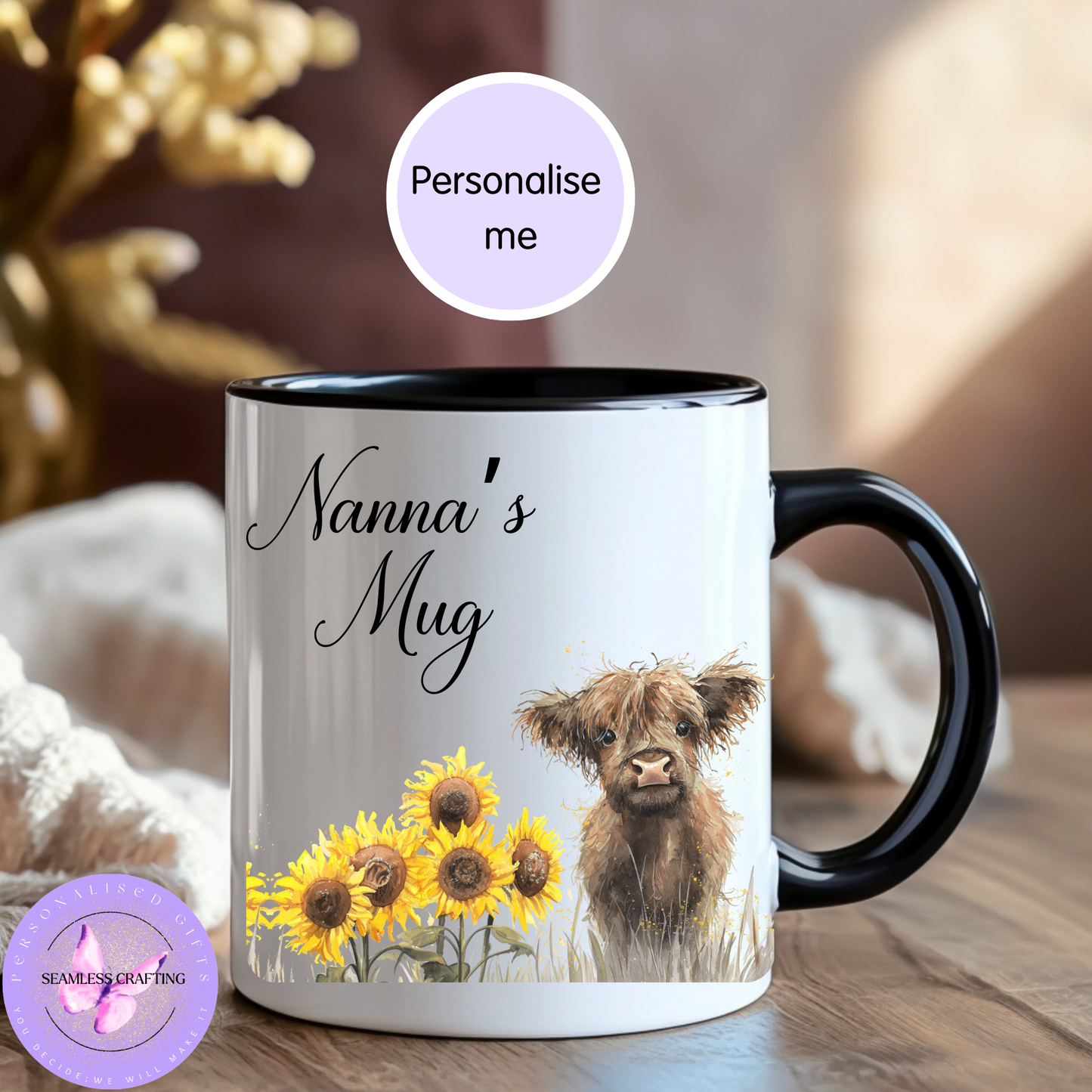 Personalised Highland Cow Mug – Custom Nanna/Nanny/Nan Gift – Sunflower Ceramic Mug (11oz)