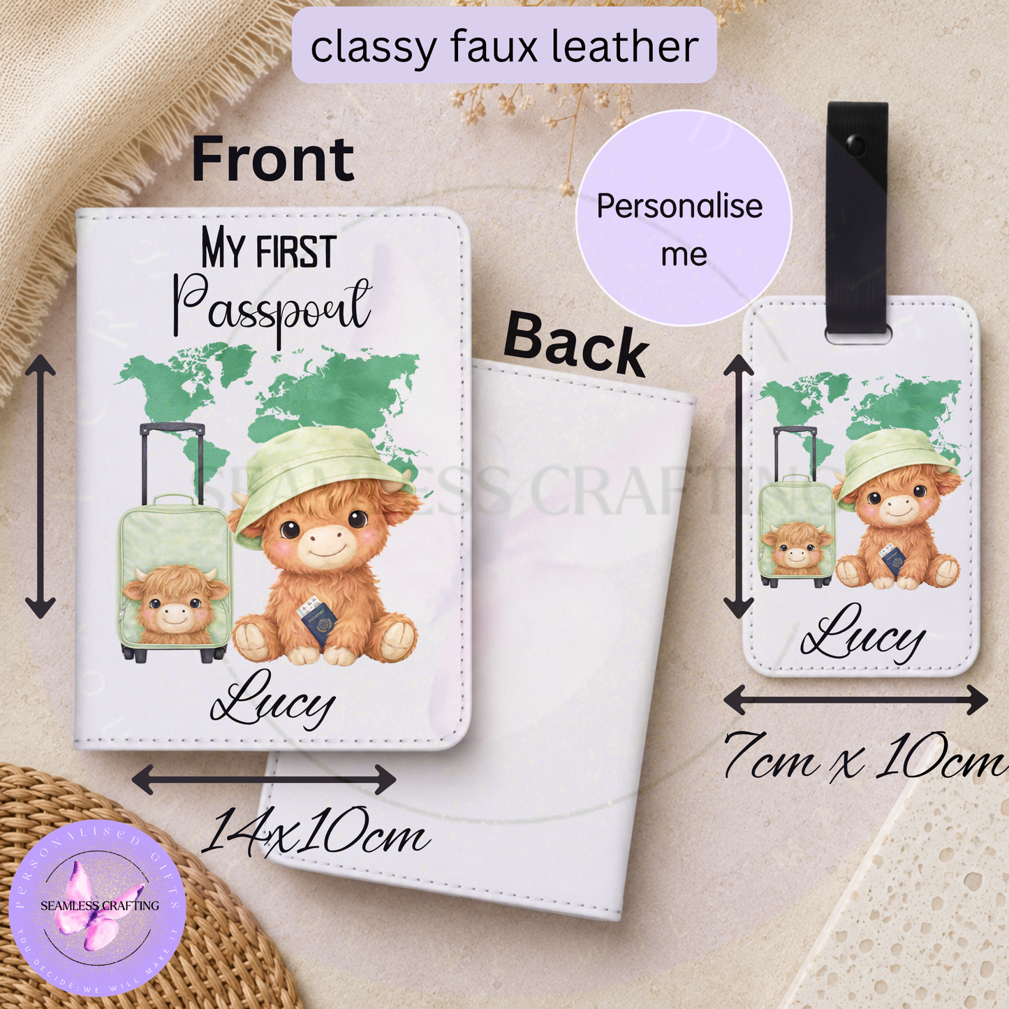 Personalised Highland cow passport cover and luggage tag set showing the front, sizes and green travel design