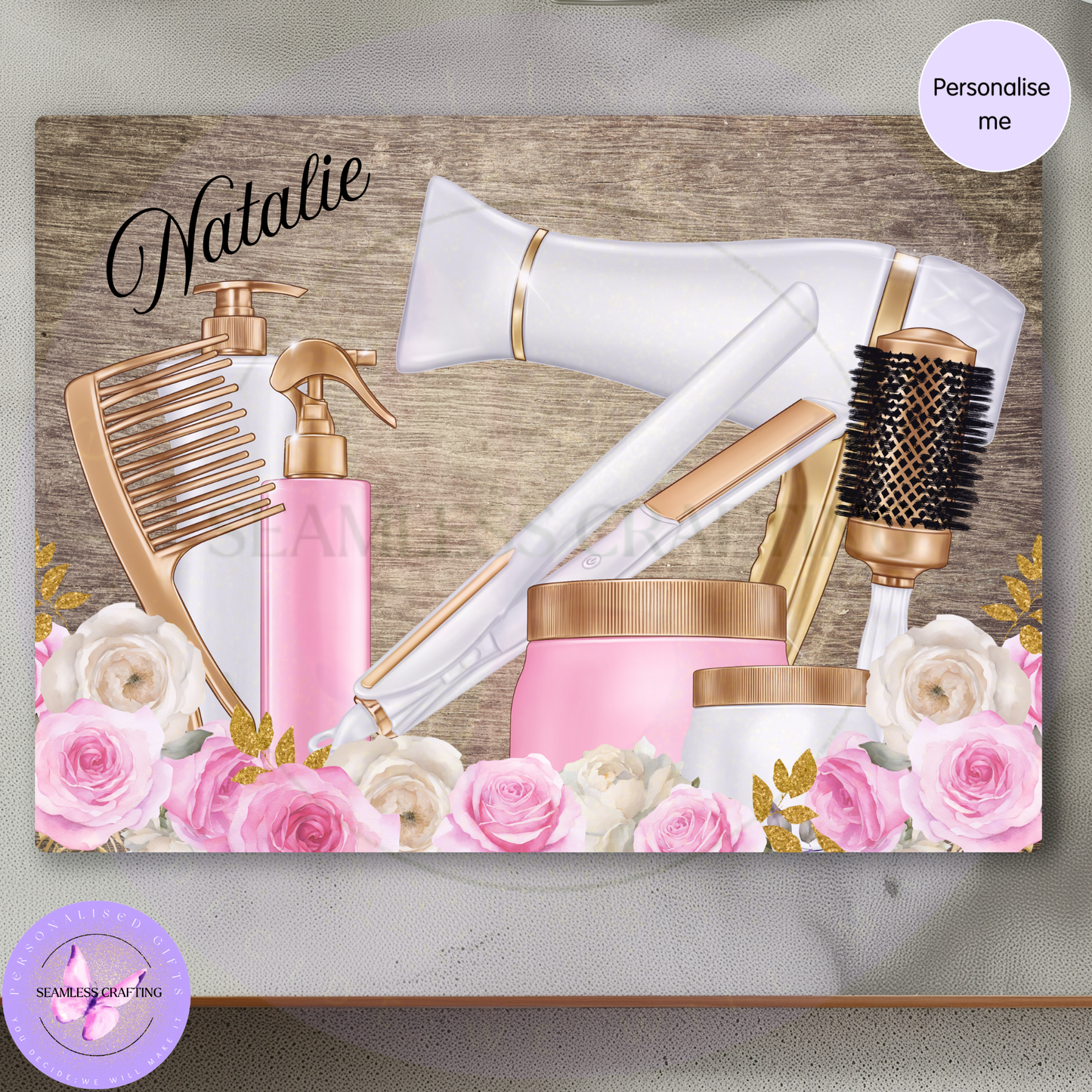 Personalised hair straightener board with pink beauty design, flowers and custom name Natalie