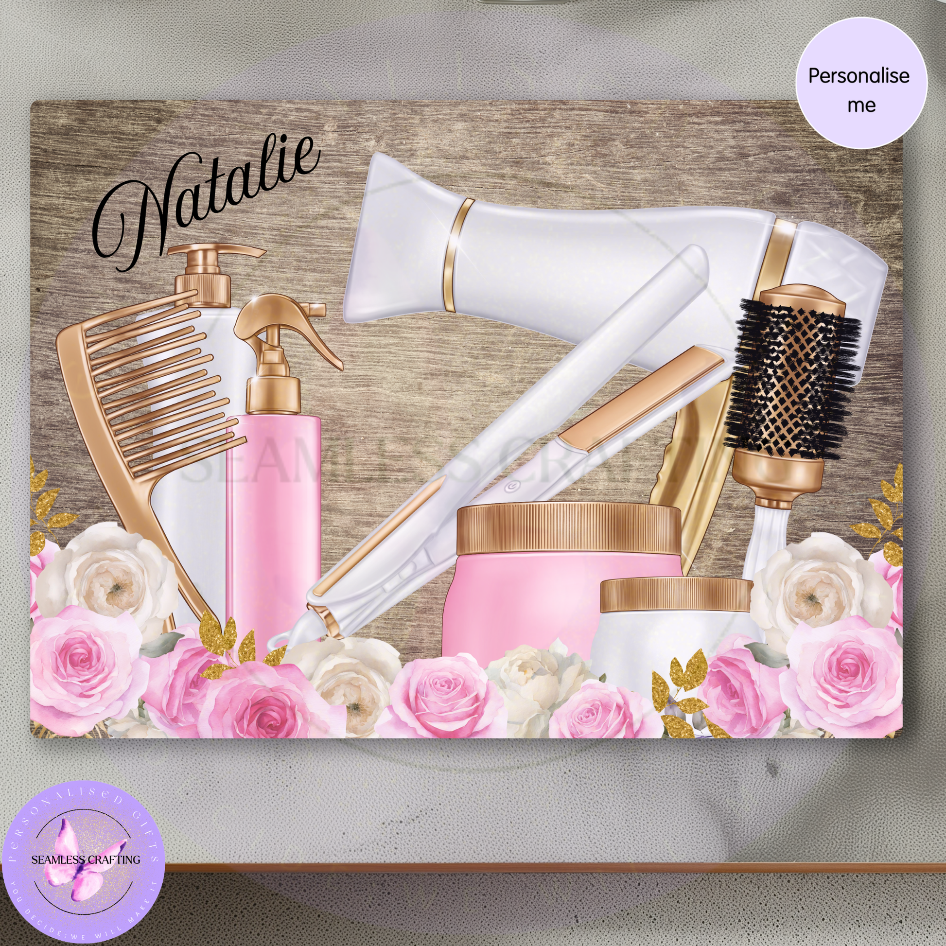 Personalised hair straightener board with pink beauty design, flowers and custom name Natalie