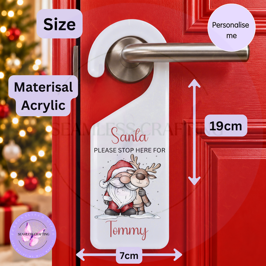 Personalised Santa Stop Here acrylic door hanger 19x7cm with Santa, reindeer and custom name Tommy