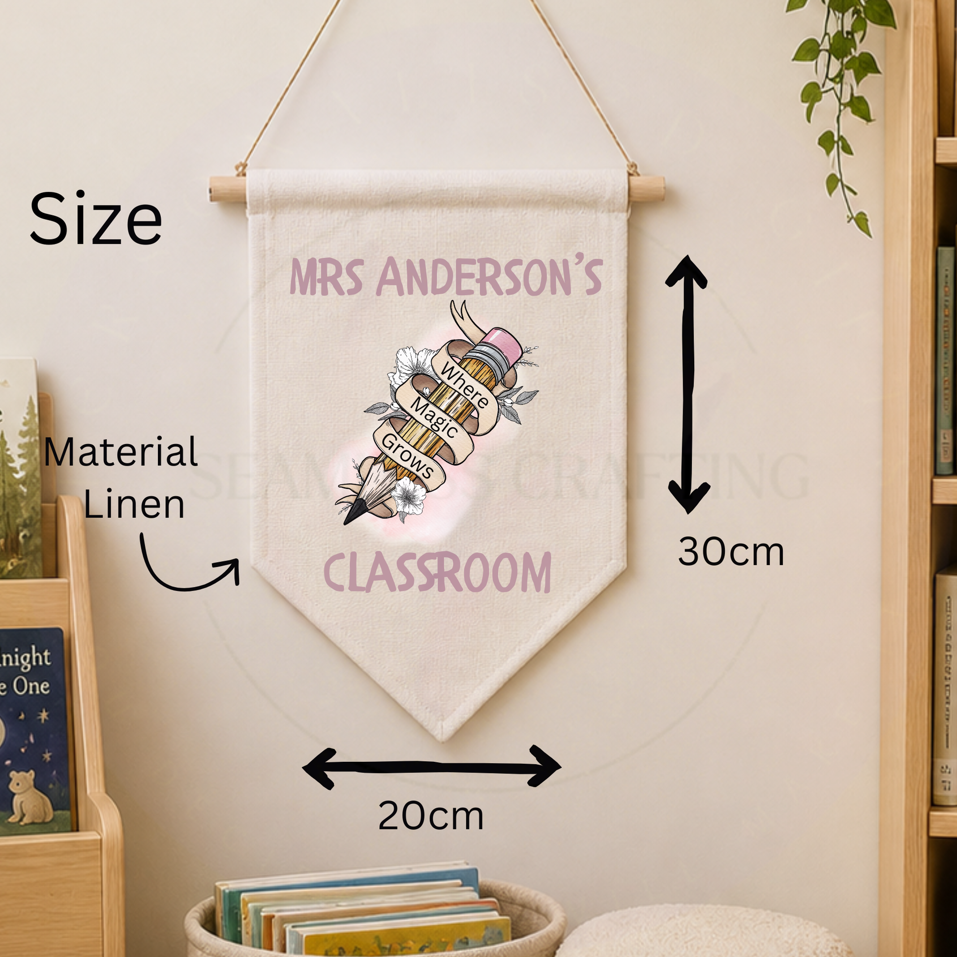 Custom classroom wall hanging flag with teacher name on natural linen fabric