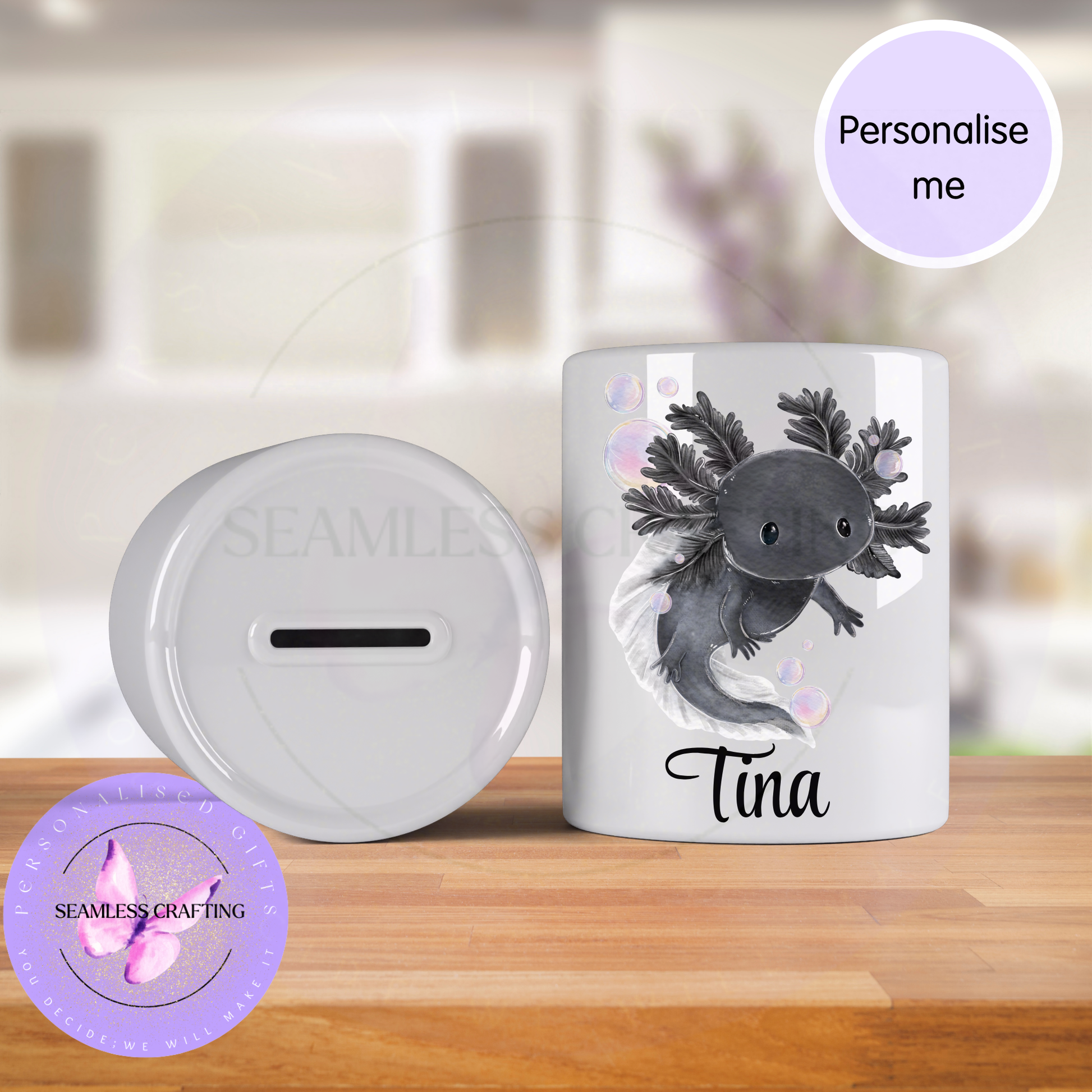 Pink axolotl ceramic piggy bank personalised with name