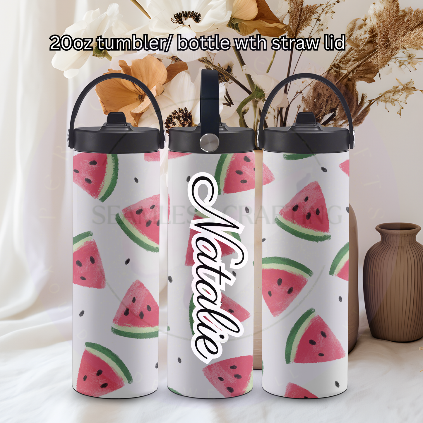 personalised 20oz tumbler with straw lid watermelon design custom name