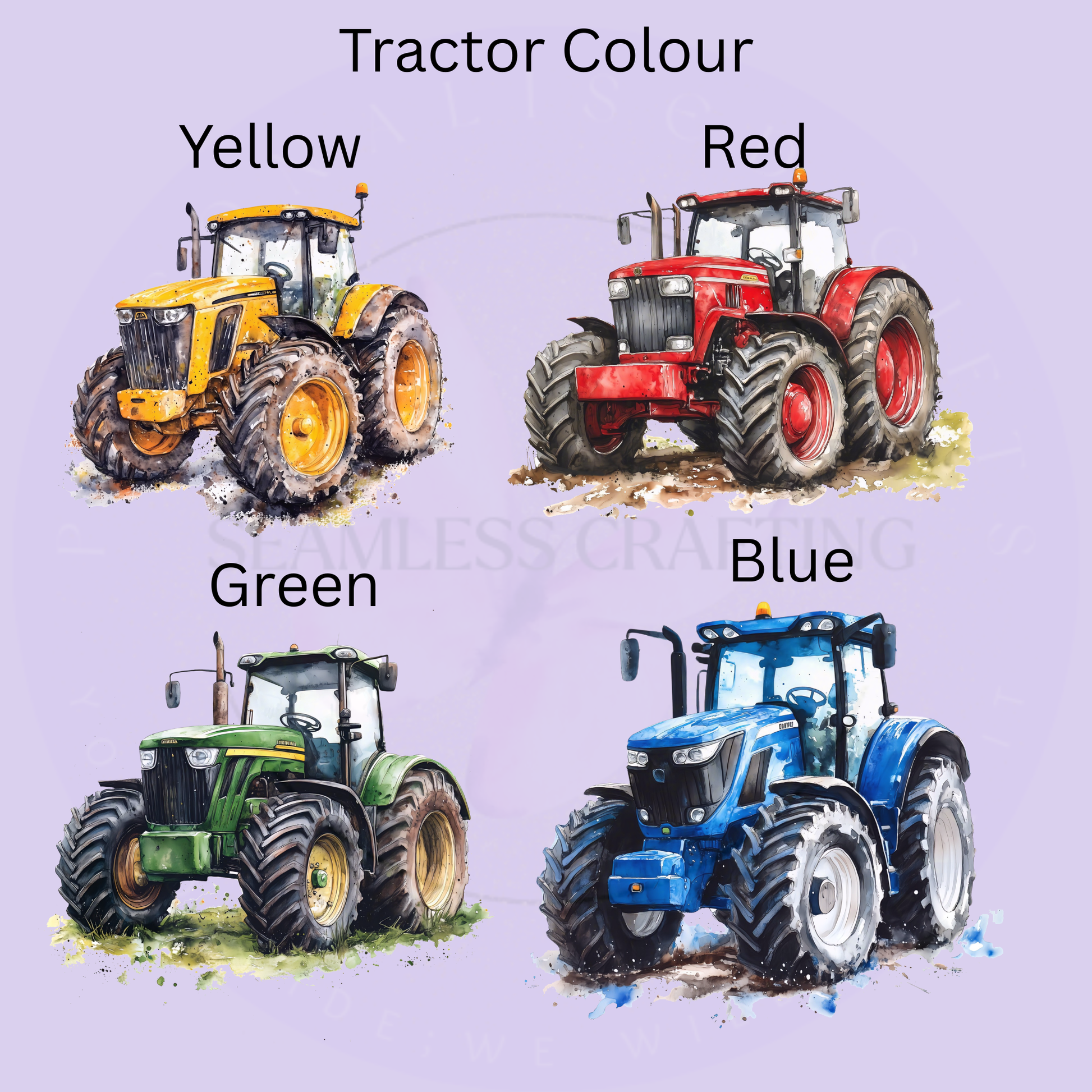 Tractor colour options for personalised mug in yellow red green and blue