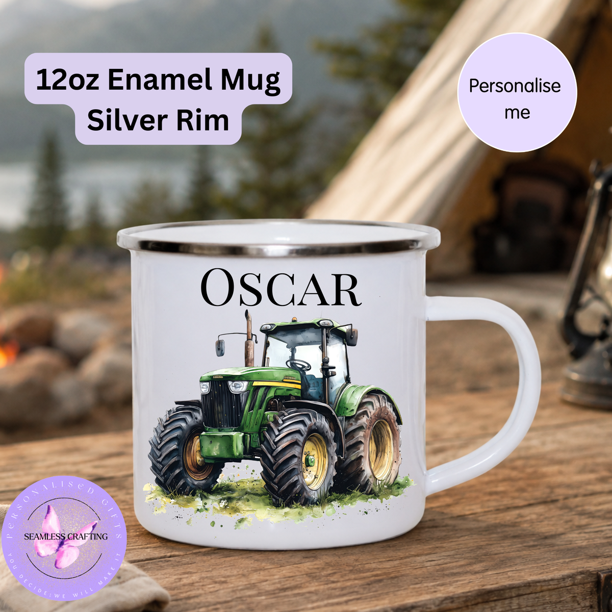 Personalised 12oz enamel tractor mug with green tractor, silver rim and custom name