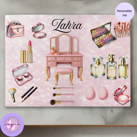 Personalised Makeup Glass Chopping Board – Custom Name Beauty Vanity Design – Tempered Glass Surface Protector – Dressing Table Gift for Girls
