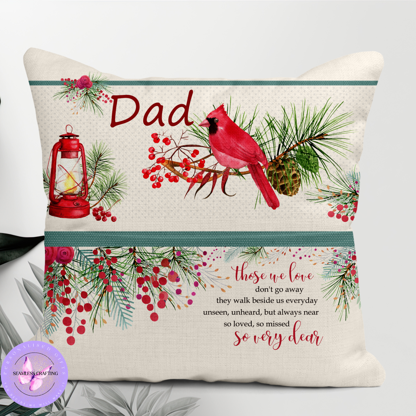 Personalised Memorial Cushion with Pocket – Cardinal Remembrance Pillow for Dad – Memory Cushion Gift – Christmas Bereavement Keepsake (40cm)