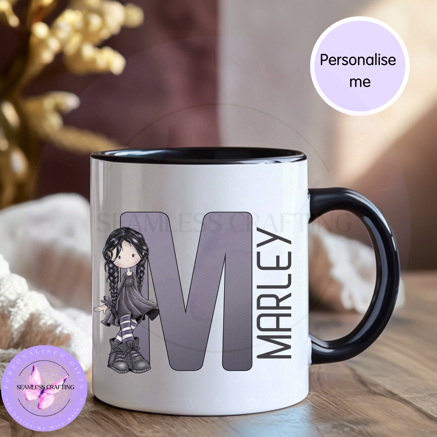 Personalised Gothic Initial Mug – Custom Goth Girl Name Cup